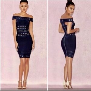 House of CB Navy Blue Evangeline cutout off-shoulder mini dress size S